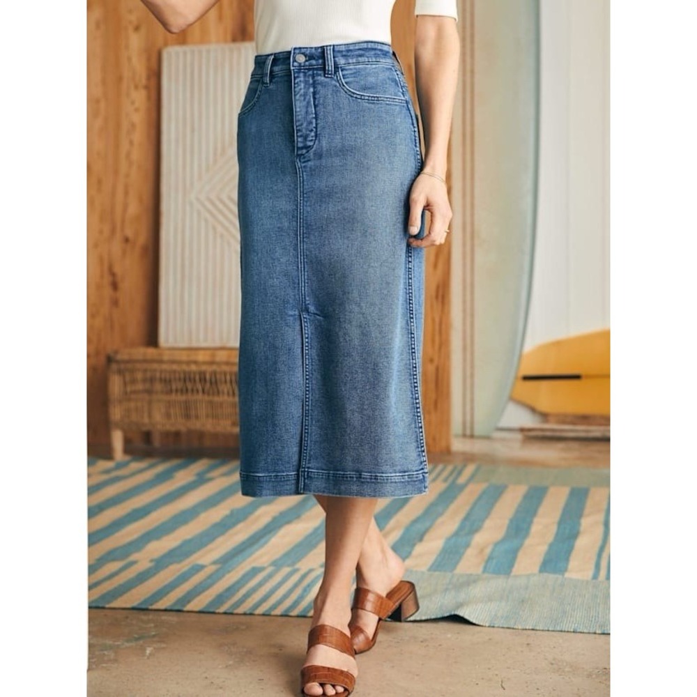 Faherty Stretch Terry Midi Denim Skirt Women 4 Casual Boho Everyday Wear $148